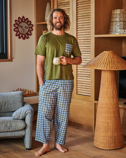 Kip & Co HOUNDSTOOTH BLUE MENS ORGANIC PYJAMAS TEE & PANT SET | Mens Pyjamas | Kip & Co 