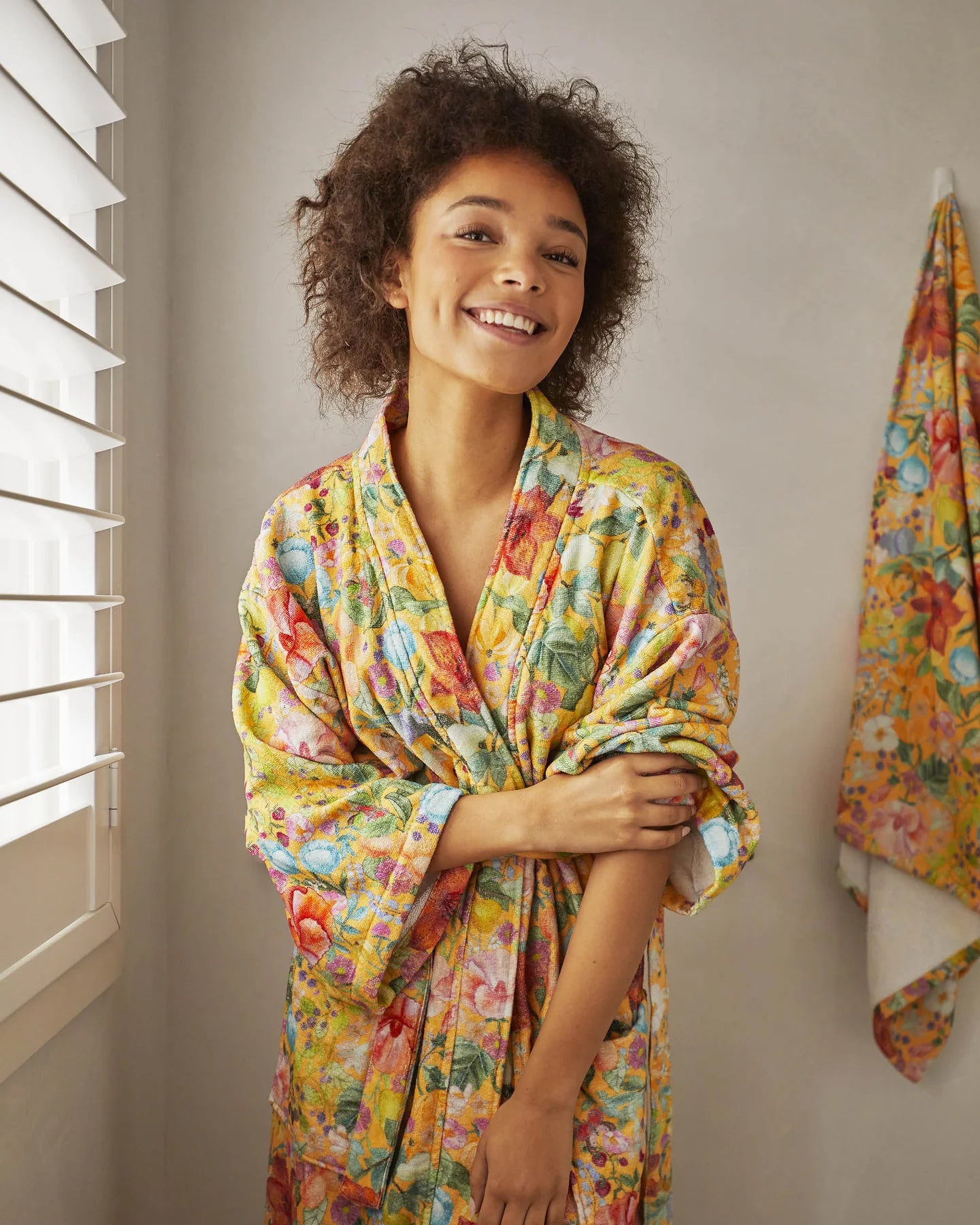 KIP & CO ABUNDANCE MARIGOLD PRINTED TERRY BATH ROBE | THE IVY PLANT STUDIO 