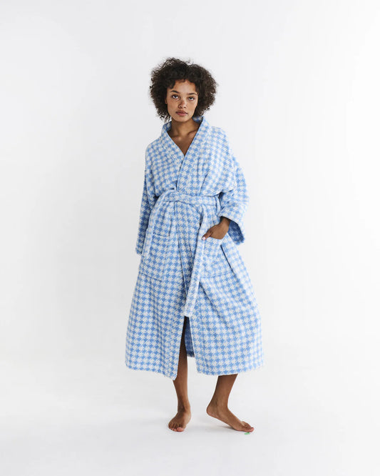 KIP & CO HOUNDSTOOTH BLUE TERRY BATH ROBE | THE IVY PLANT STUDIO 