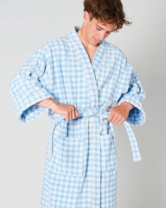 KIP & CO HOUNDSTOOTH BLUE TERRY BATH ROBE | THE IVY PLANT STUDIO 