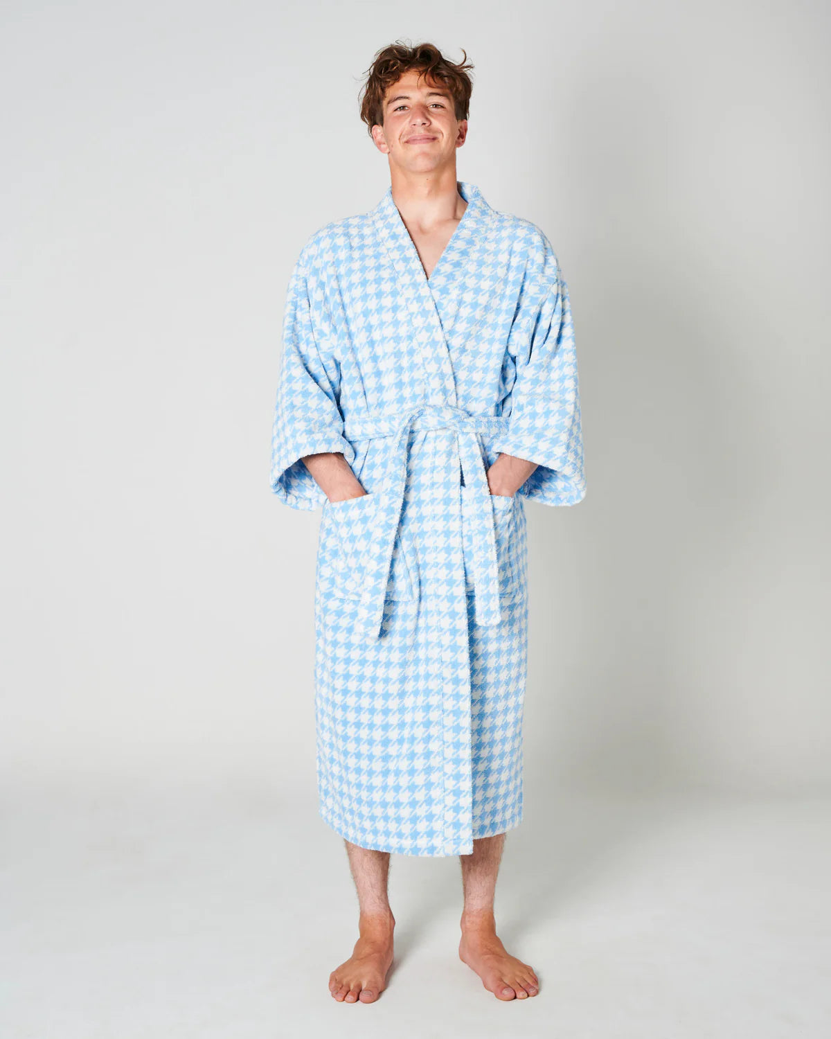 KIP & CO HOUNDSTOOTH BLUE TERRY BATH ROBE | THE IVY PLANT STUDIO 